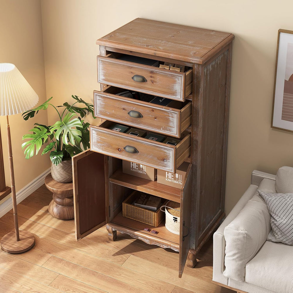 Rustic Tall Storage Cabinet - Distressed Solid Wood Frame Accent Cabinet with...