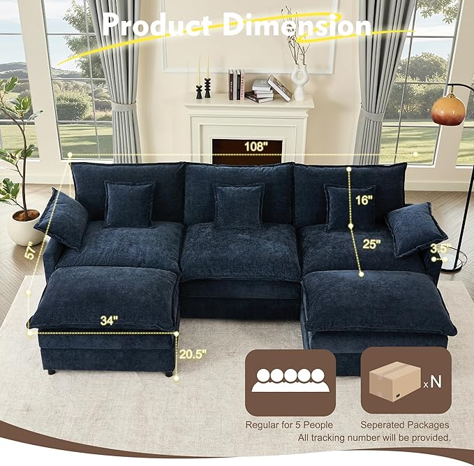 108" U Shaped Couch, Modular Sectional Sofa, 3-Seater Comfy Cloud Couch,...