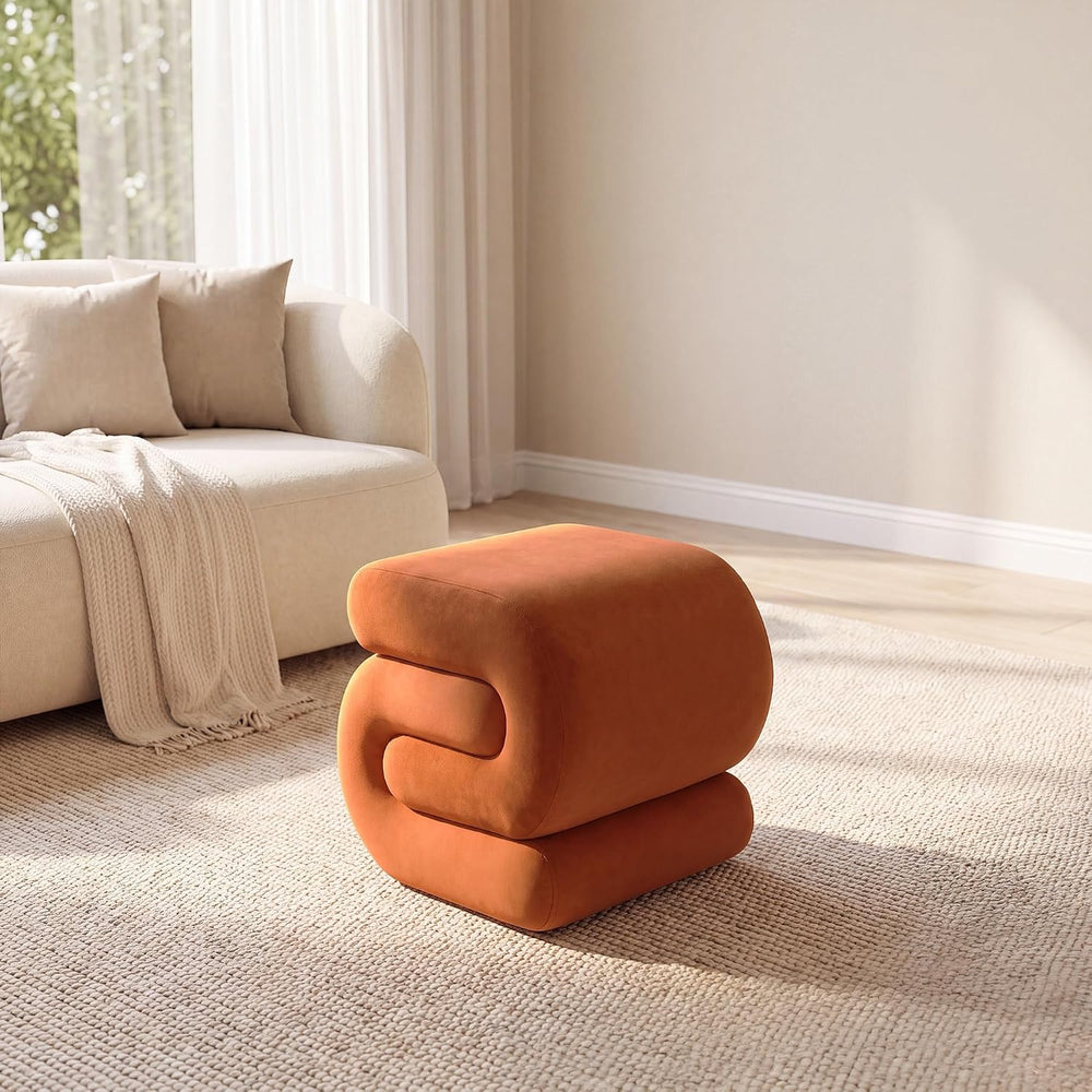 FOXHUNTER S Shape Modern Pouf Ottoman Vanity Stool, Velvet Orange | Footstool...