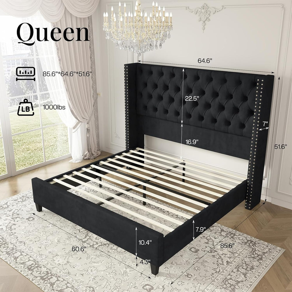 Jocisland Queen Size Bed Frame with 51.6" Velvet Wingback Headboard, Black