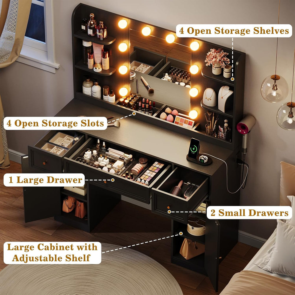 Large Makeup Vanity Desk with Mirror and Lights & Charging Station, Black...