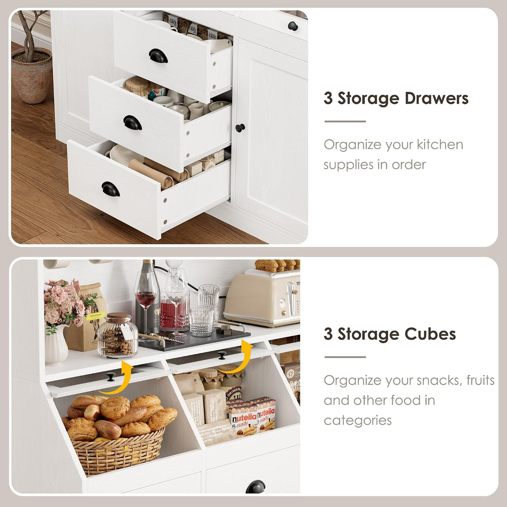 HIFIT 71.4” H Kitchen Hutch Pantry Cabinet with 3 Bread Boxes&7 Metal Hoo...