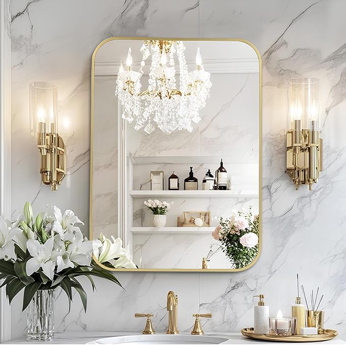 MZON 22x30 Inch Brushed Gold Vanity Mirror, Rectangle Bathroom Mirrors for Ov...