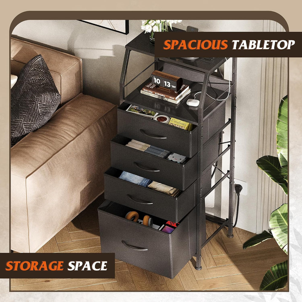 WLIVE Night Stand with Charger Station, LED Nightstand with 4 Fabric Drawers ...