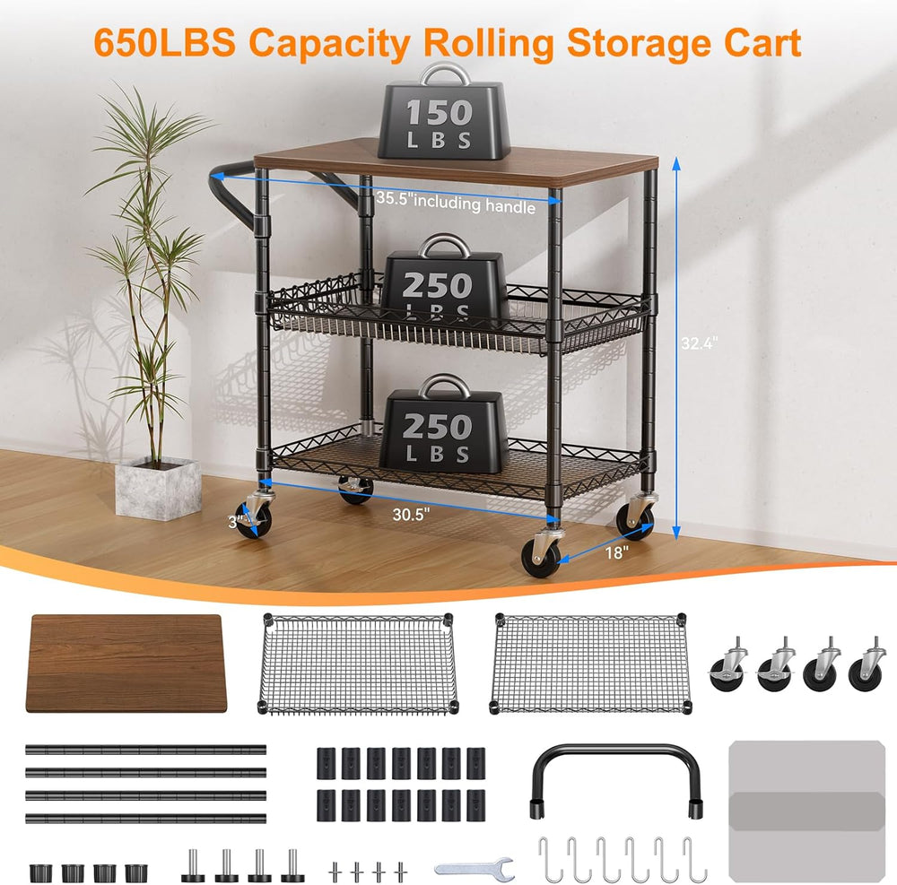 NTE Rolling Kitchen Carts on Wheels, 650Lbs Capacity 3 Tier Utility Cart with...