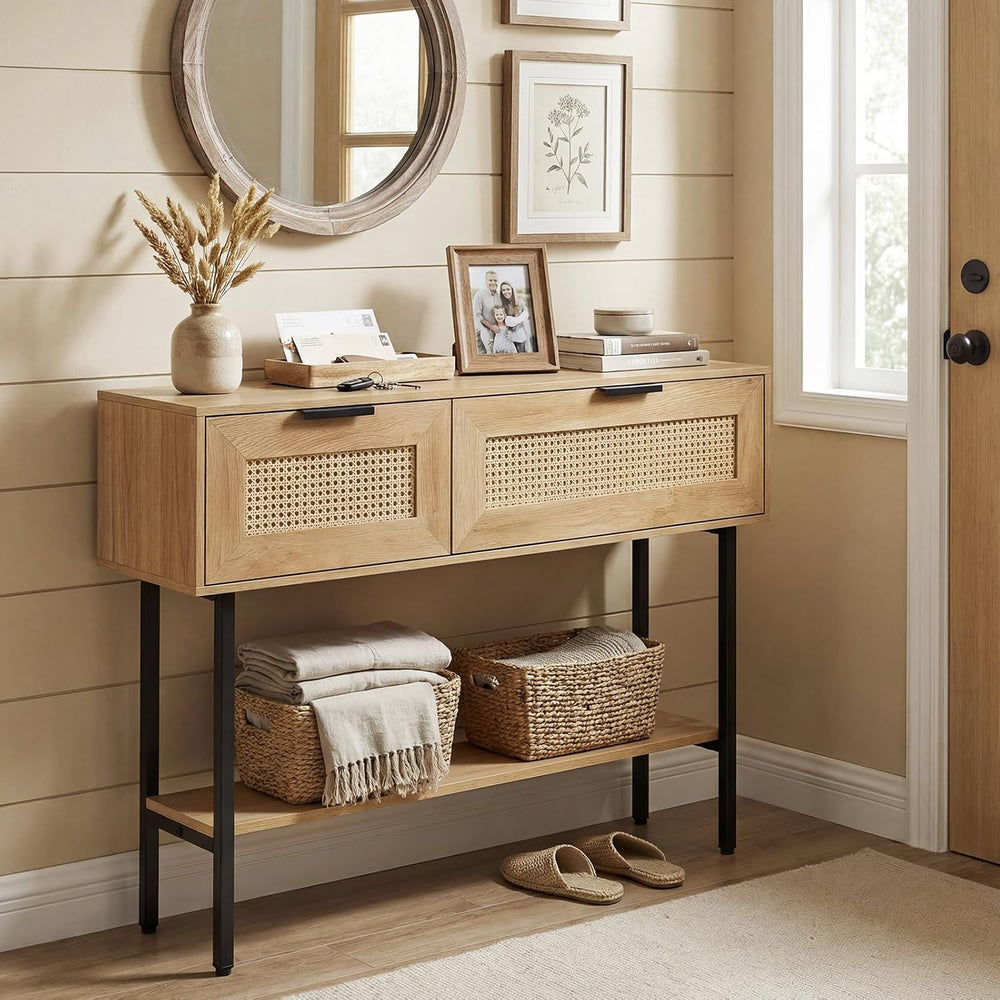 GIANTEX Rattan Console Table with Storage, 40" Long Boho Entryway Table ...