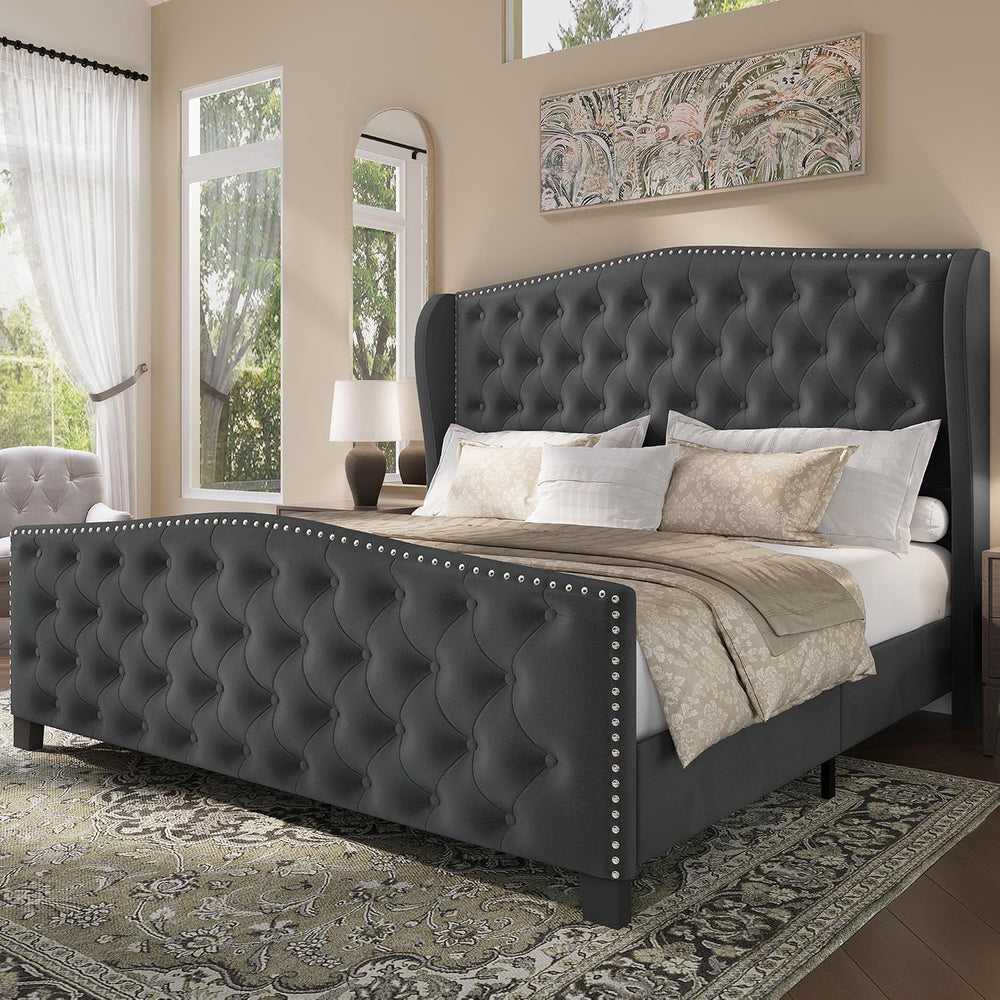 BRELTAM Upholstered Queen Size Bed Frame Velvet Tufted Platform Bed Frame wit...