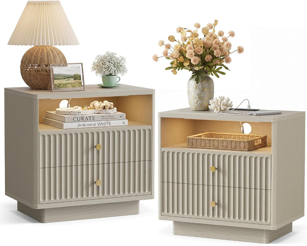 PAPROOS 23'' Fluted Nightstand Set of 2 with Charging Station, Modern...