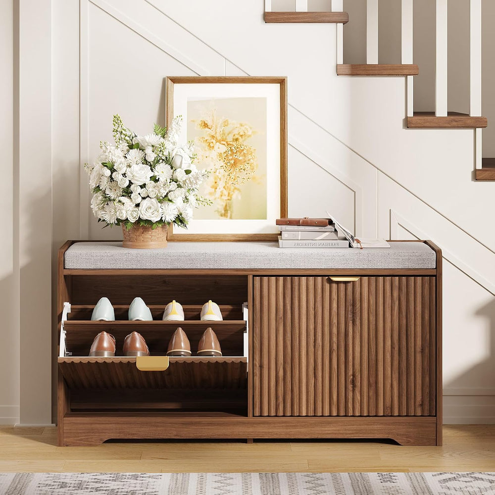 Maupvit Fluted Shoe Bench with 2 Flip-Drawers, 39.4" Narrow Entryway Ben...