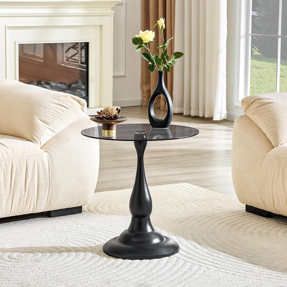 Modern Round Side Table, Gray Glass Top End Table with Black Metal Pedestal B...