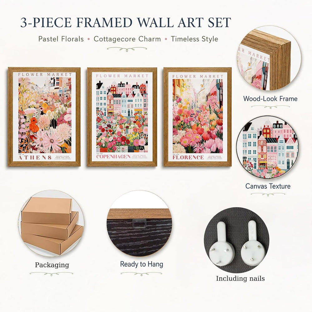 KISSFOX Pink Floral Wall Art Flower Market Pictures Travel Wall Decor