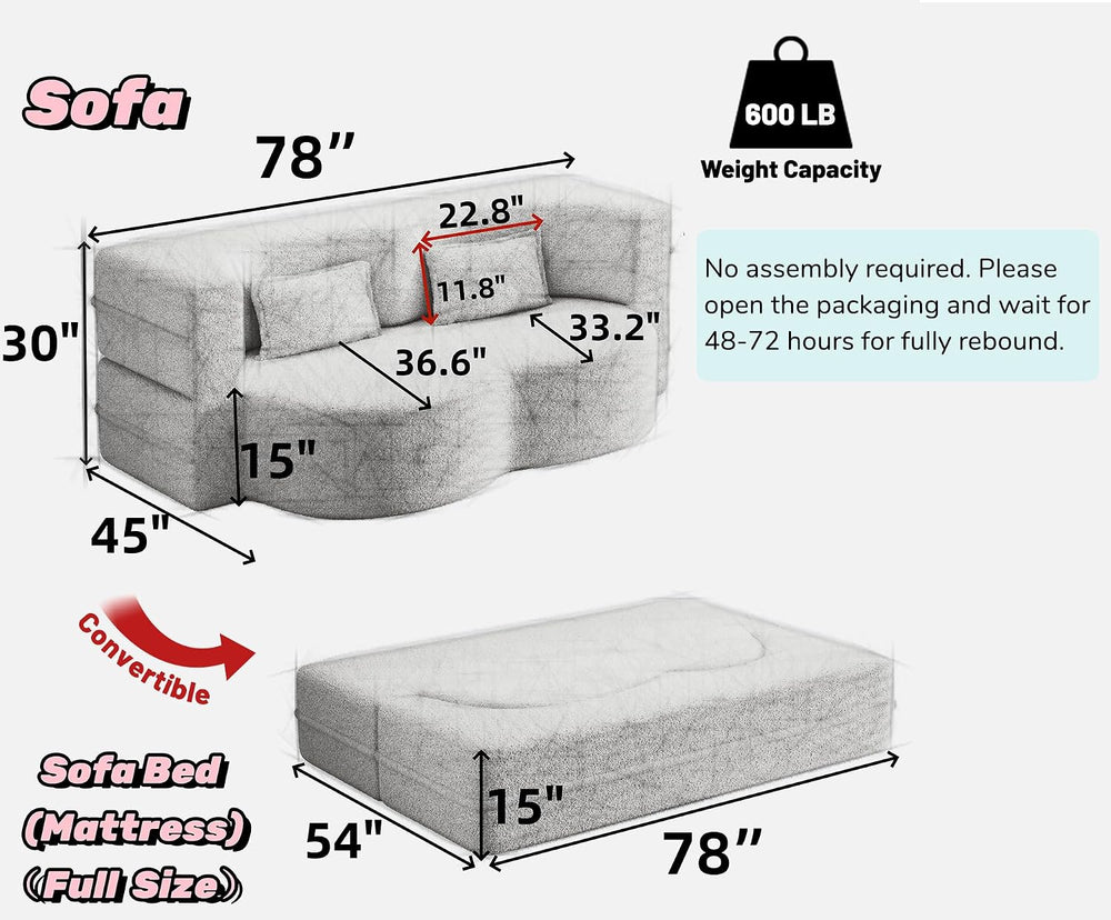 JOYBASE 78in Sofa Couch Convertible Oversized Cloud Loveseat Minimalist Sleep...