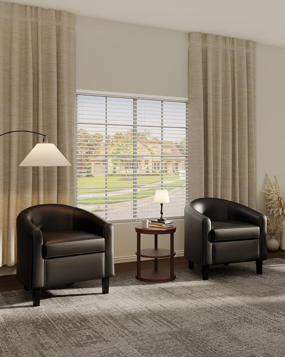 GarveeHome Accent Barrel Chairs Set of 2 Faux Leather Club Armchairs Living R...