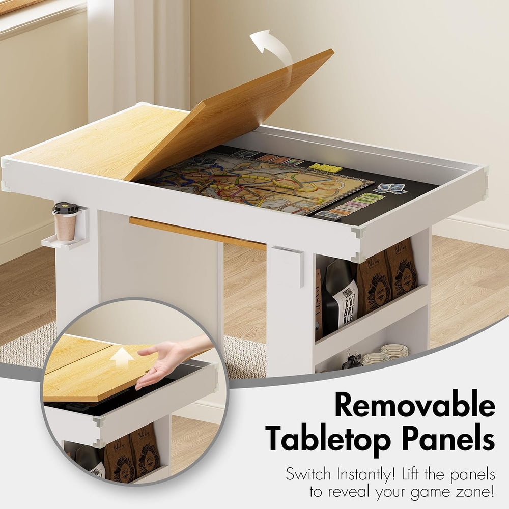 Gaming & Dining Table with Removable Top & PU Leather Mat, Board Game...