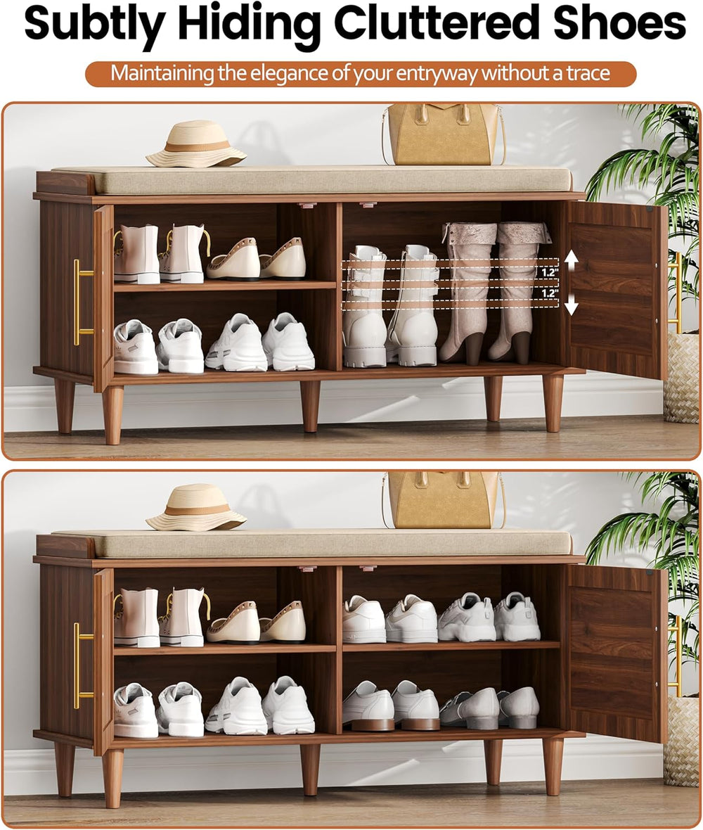 Akxomel Rattan Shoe Storage Bench with Cushion, 2-Tier Entryway Bench with Ad...