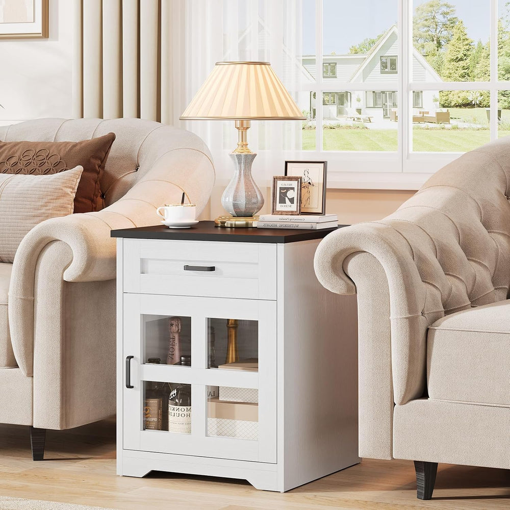 Farmhouse End Table, 18" Side Table with Drawer and Barn Door Storage, W...