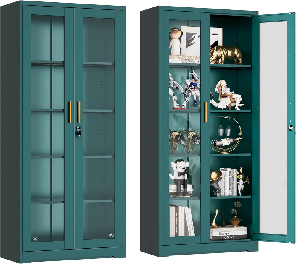UNICOLY Lockable Display Cabinet with Glass Doors and 4 Adjustable Shelves