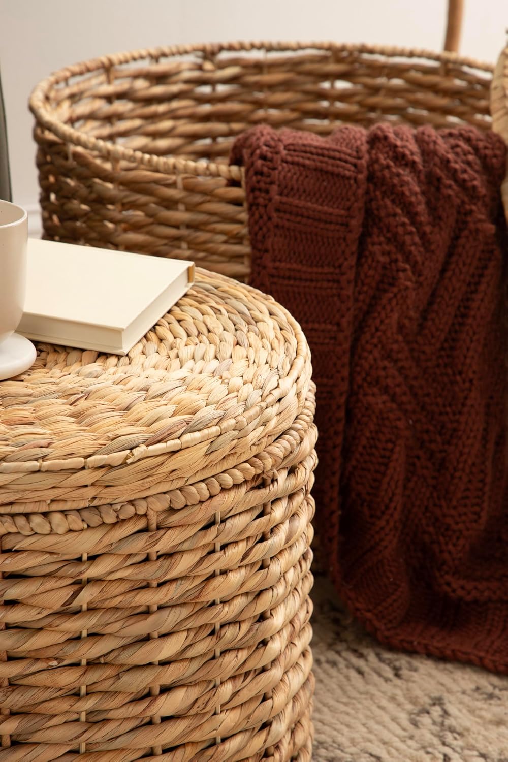 Kate and Laurel Halm Modern Woven Rattan Round Storage Side Tables, Set of 2,...