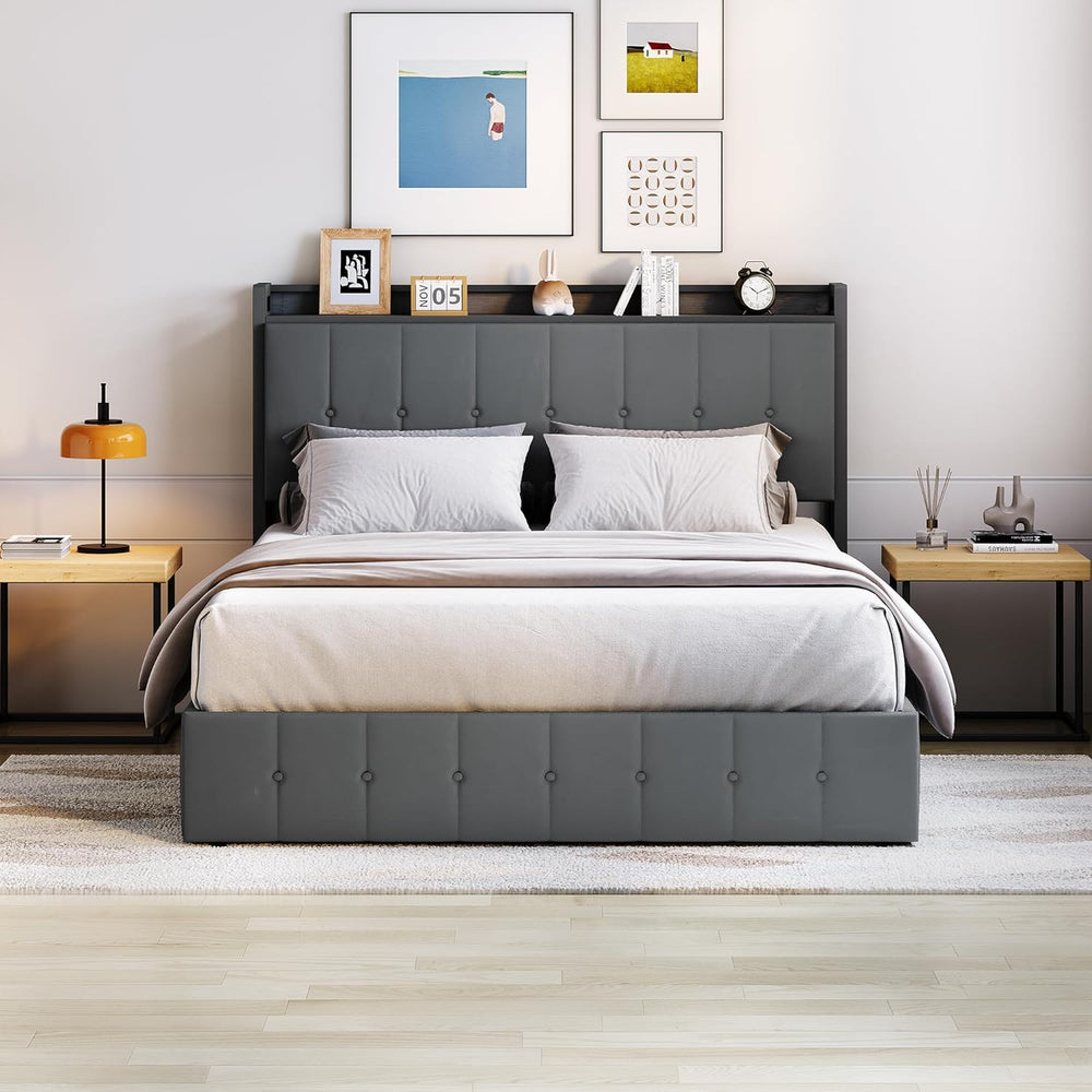 IDEALHOUSE Queen Upholstered Velvet Bed Frame with Lift Up Storage, Grey