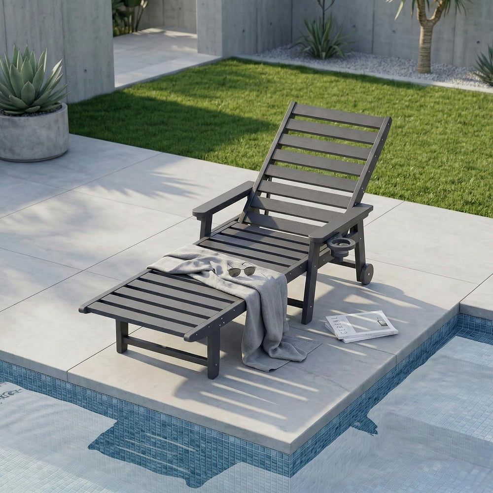5-Position Adjustable Lounge Chair Outdoor, HDPE Outdoor Chaise Lounge with C...