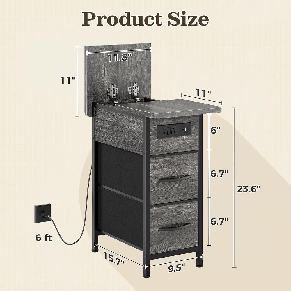 Huuger Narrow End Table with Charging Station, Flip Top Side Table with 2 Fab...