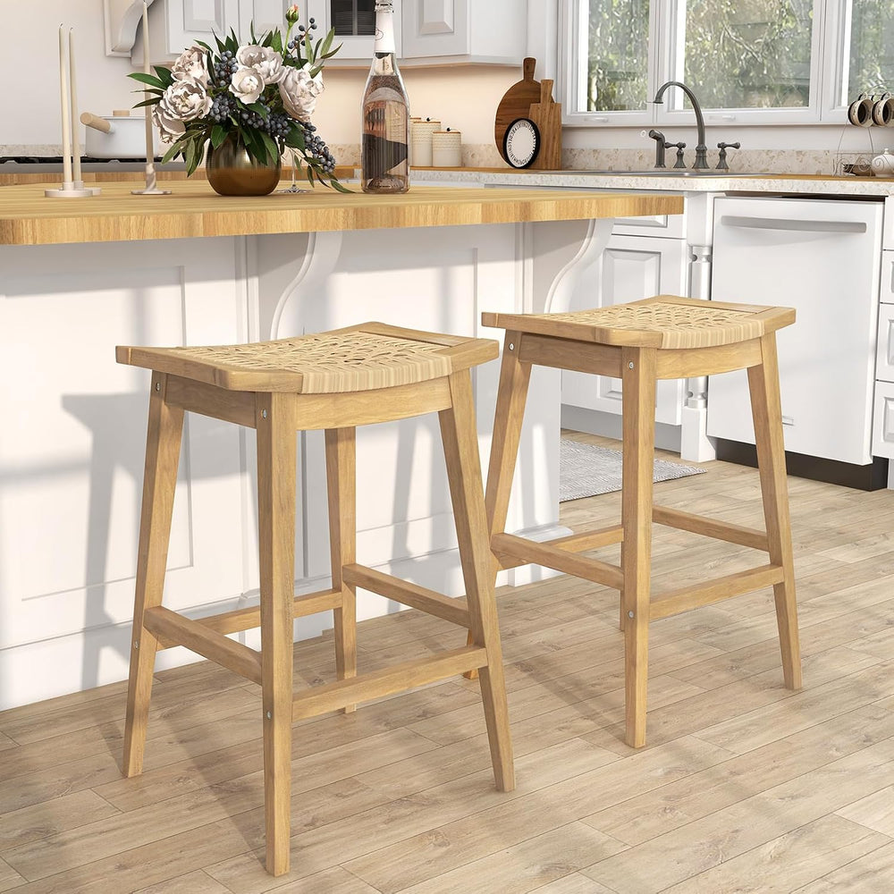 Tangkula Wood Bar Stool Set of 2, 29” Patio Rattan Acacia Barstool with Footr...