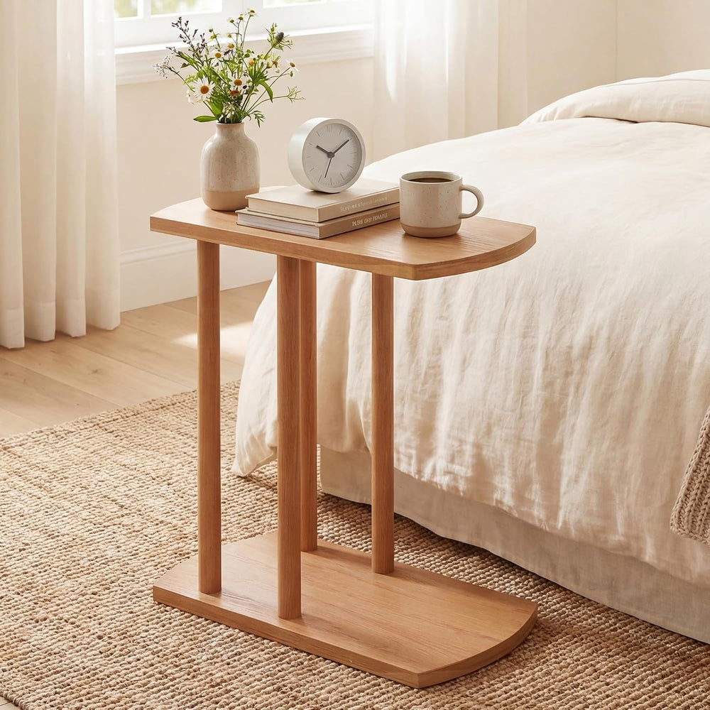 COSTWAY Solid Teak C-Shaped Side Table, Natural Slim 2-Tier End Table with Th...