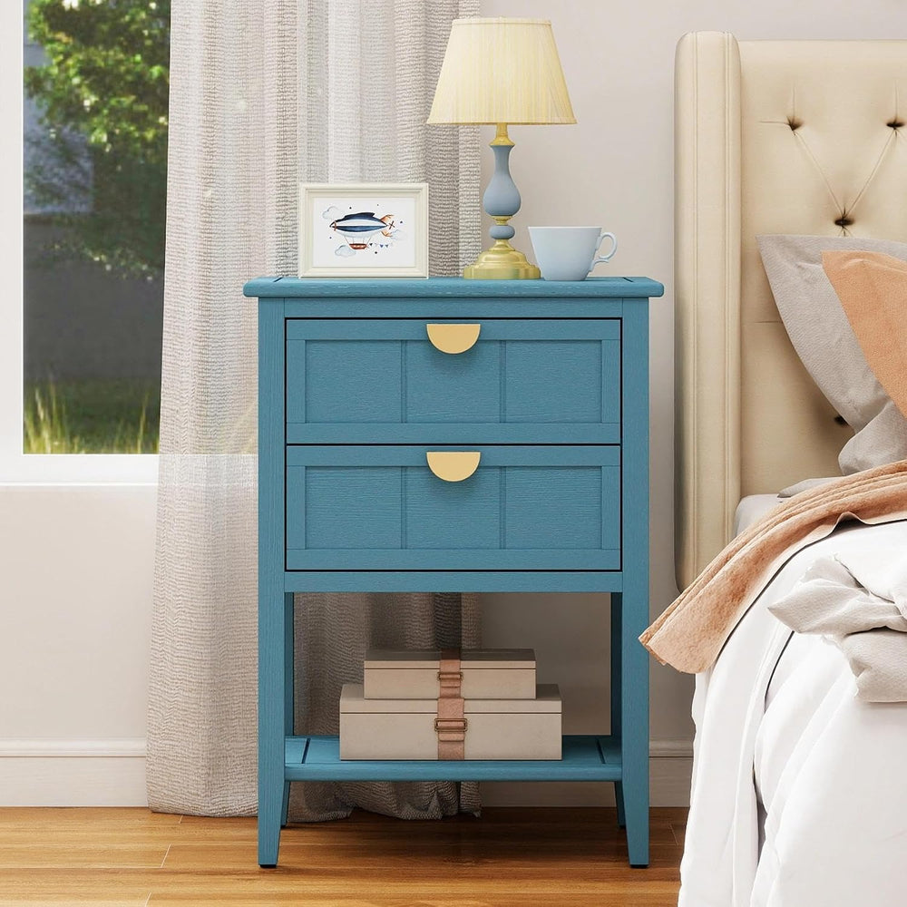 22" Blue Nightstand with 2 Storage Drawers Bedside Table with Open Shelf...