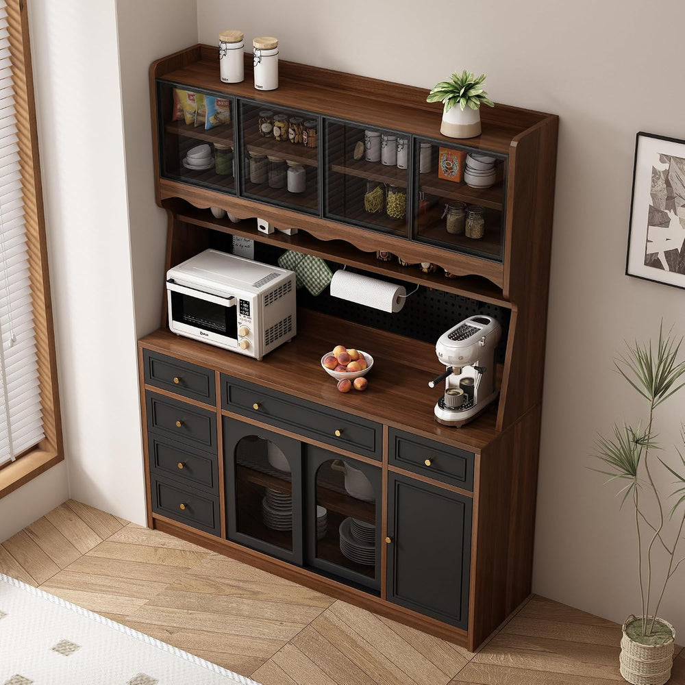 63" W Farmhouse Buffet Cabinet with Hutch, Freestanding Coffee Bar Sideb...