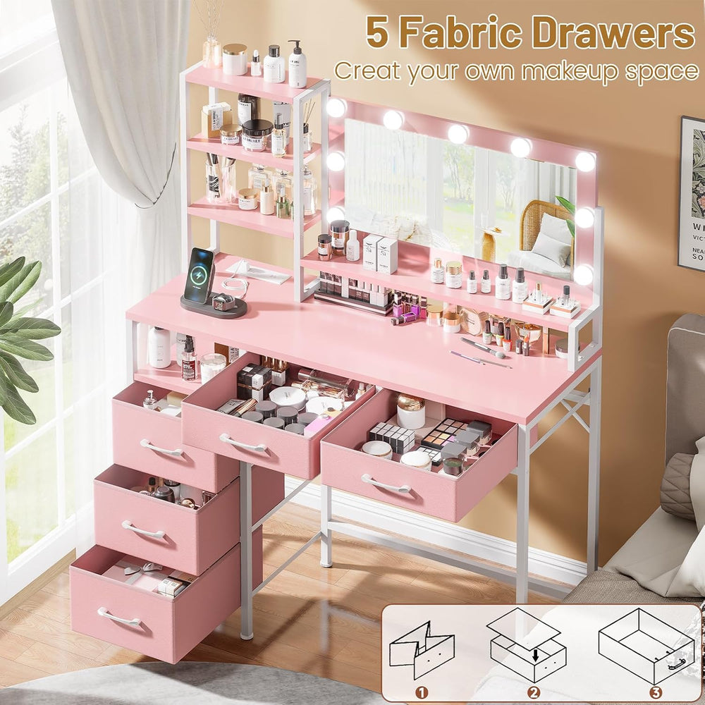 Vanity Desk with Mirror and Lights, Makeup Vanity with 5 Fabric Drawers and O...
