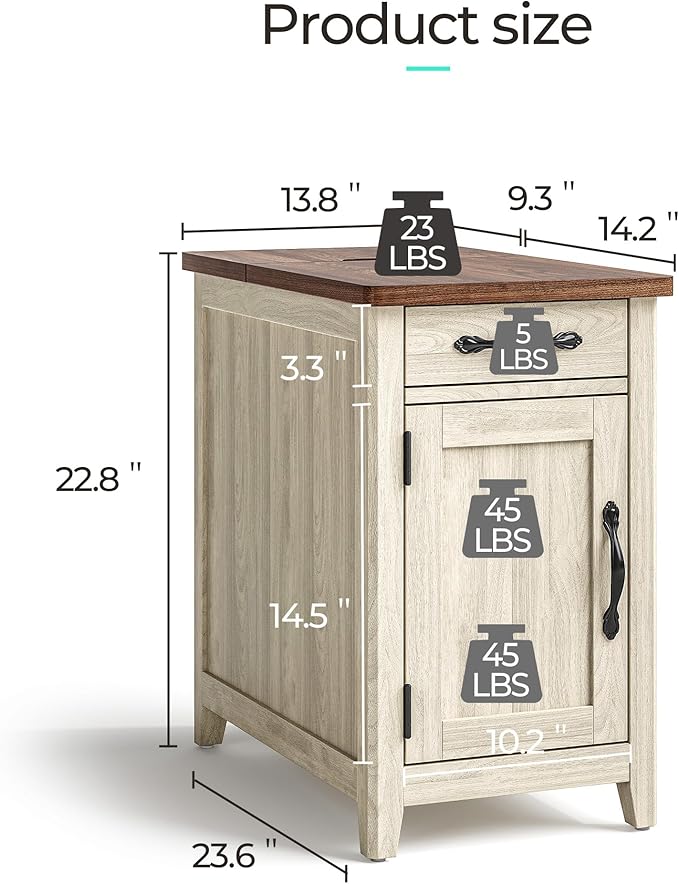 LINSY HOME Farmhouse End Table with Charging Station, Narrow Side Table for L...