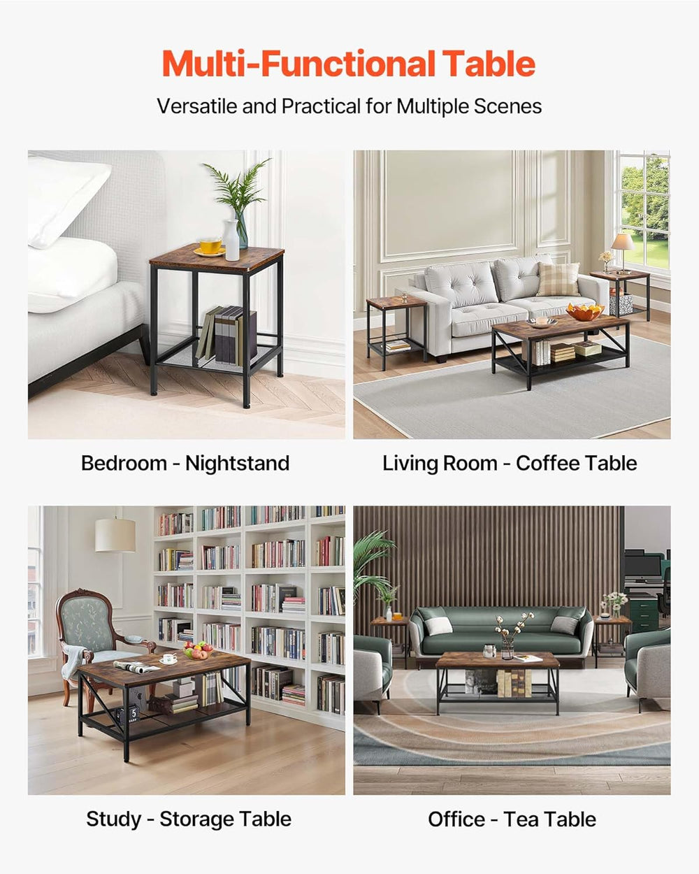 VEVOR 3 Pieces Living Room Table Sets, 41.3 in Industrial Coffee Table with 2...