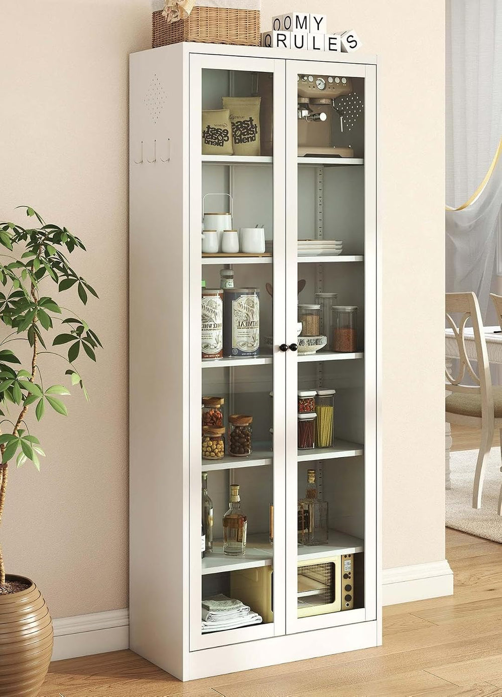 Tall Kitchen Cabinet Storage, Food Pantry Cabinet with Doors and Shelves, Tal...