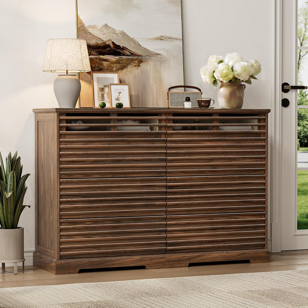 52"W Walnut 8 Drawer Dresser with LED Lights Fluted Dresser for Bedroom