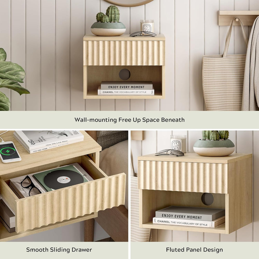 Small Floating Nightstand with Drawer, Modern Night Stand with Fluted Door an...