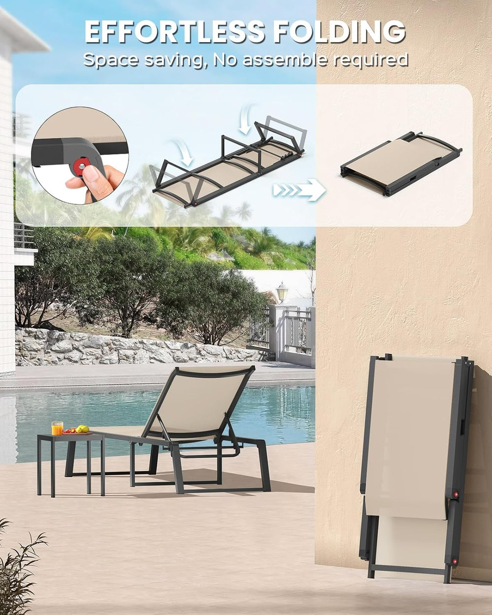 Aluminum Chaise Lounge Chair Outdoor, Foldable& No Assembly Patio Pool Lo...