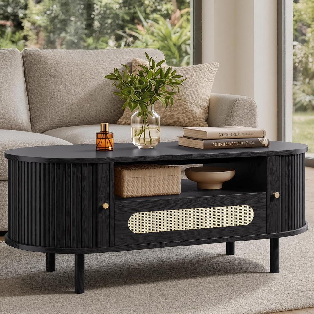 KISLOT Oval Coffee Table with Drawer,47.2" Fluted Center Table for Livin...