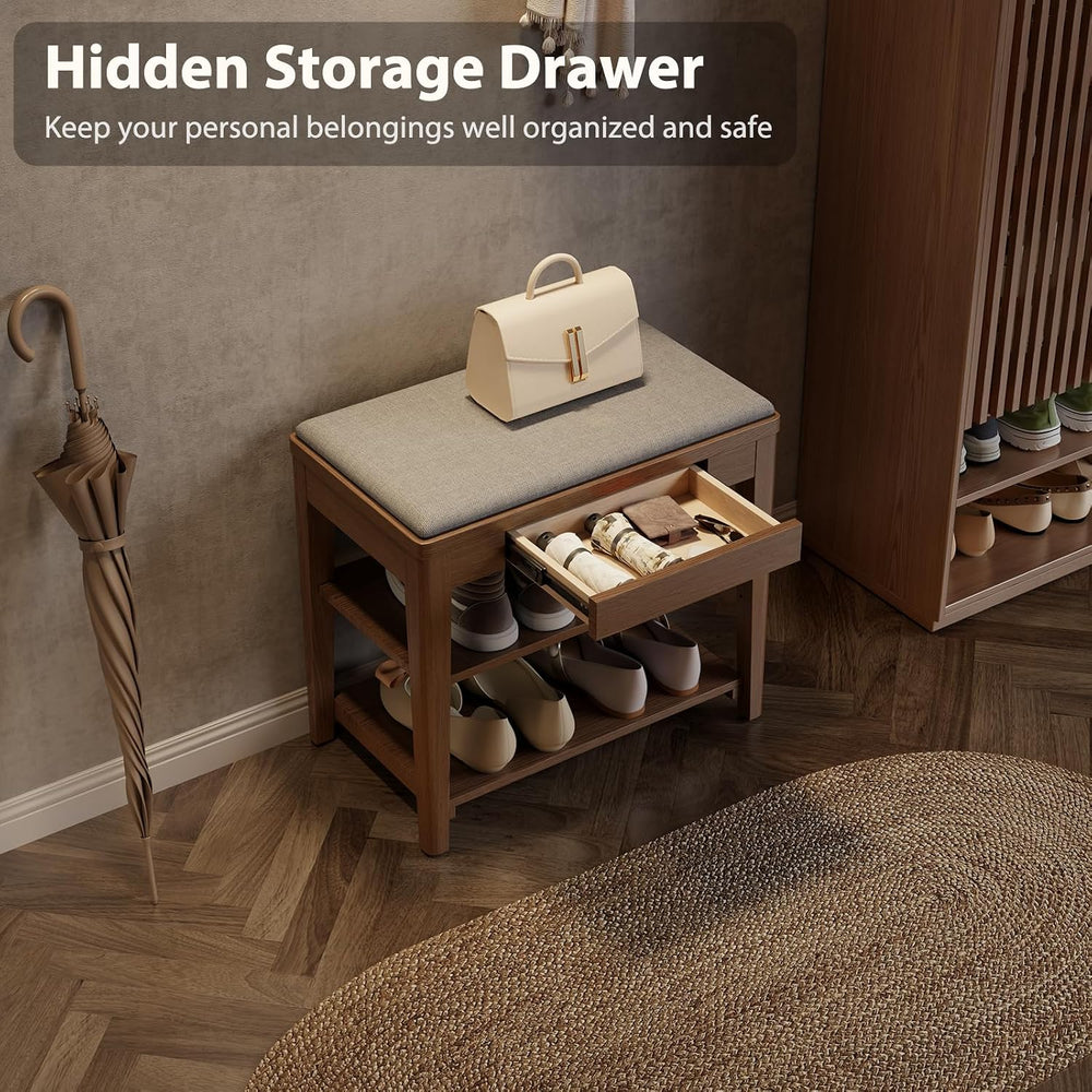 Small Shoe Bench with Storage, Wooden Shoe Storage Bench with Cushion&Hid...