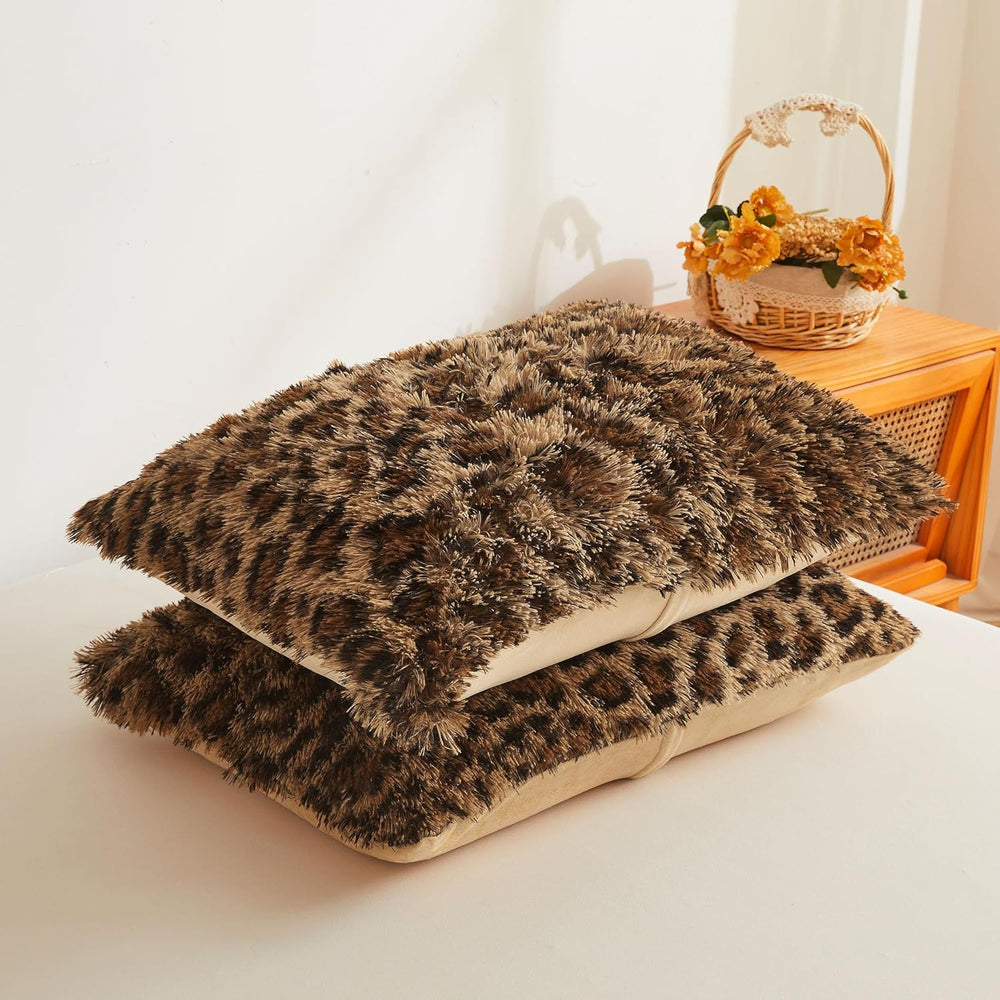 XeGe Cheetah Print Fluffy Faux Fur Duvet Cover Set, Queen, Leopard Brown