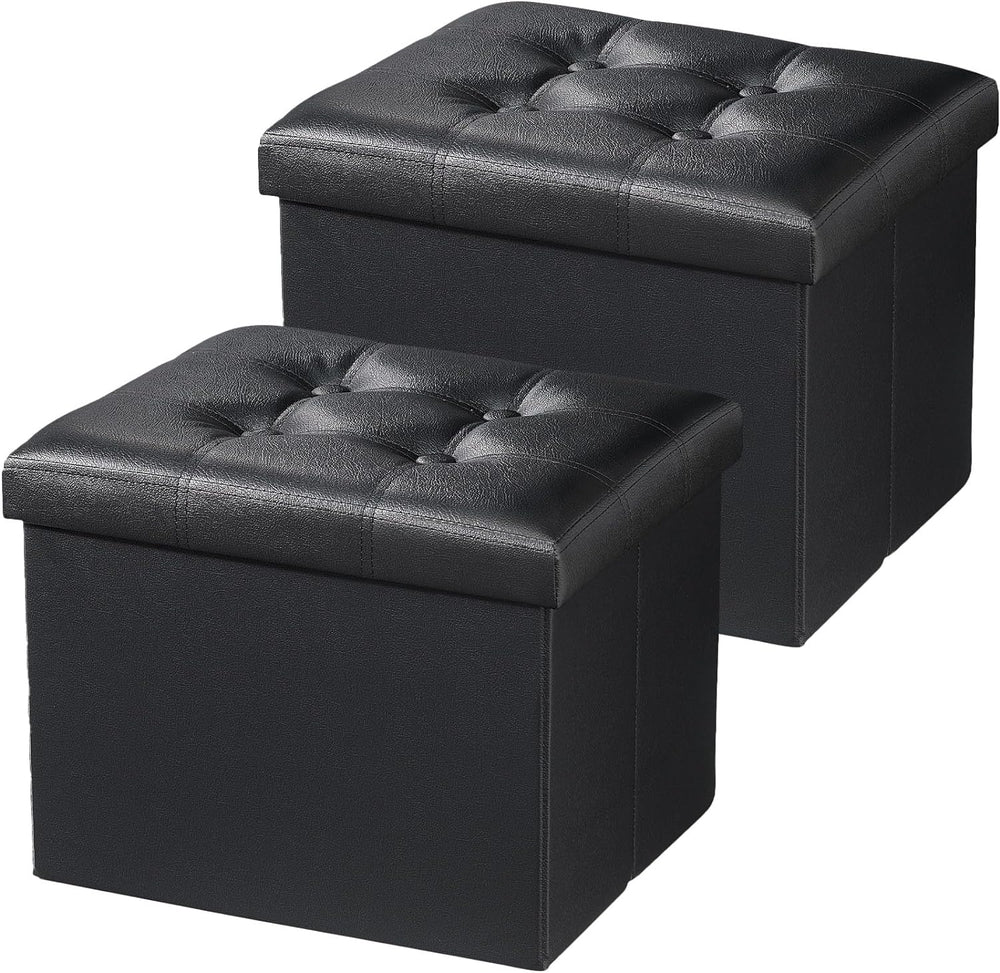 AmasSmile Ottoman with Storage,Folding Chest,17" Leather,Black 2 Pack