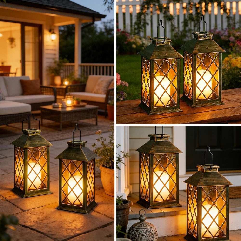 2 Pack 11" Medium Tempered Glass Solar Lanterns Outdoor Waterproof