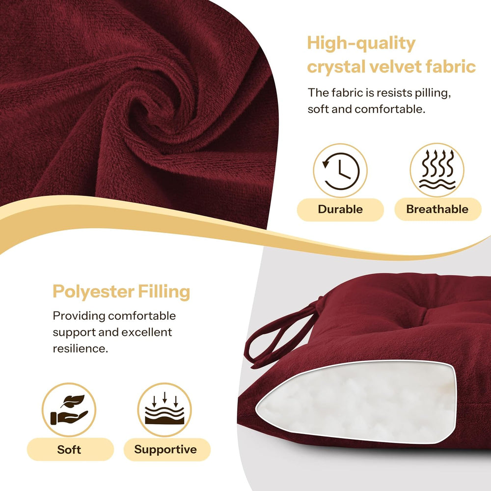 Kitchen Chair Cushions Set of 4 with Ties 15.5"x15.5" Burgundy