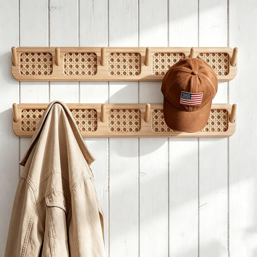 Wall Mount Coat Rack, 17in Sturdy Modern Rattan Hooks Set of 2