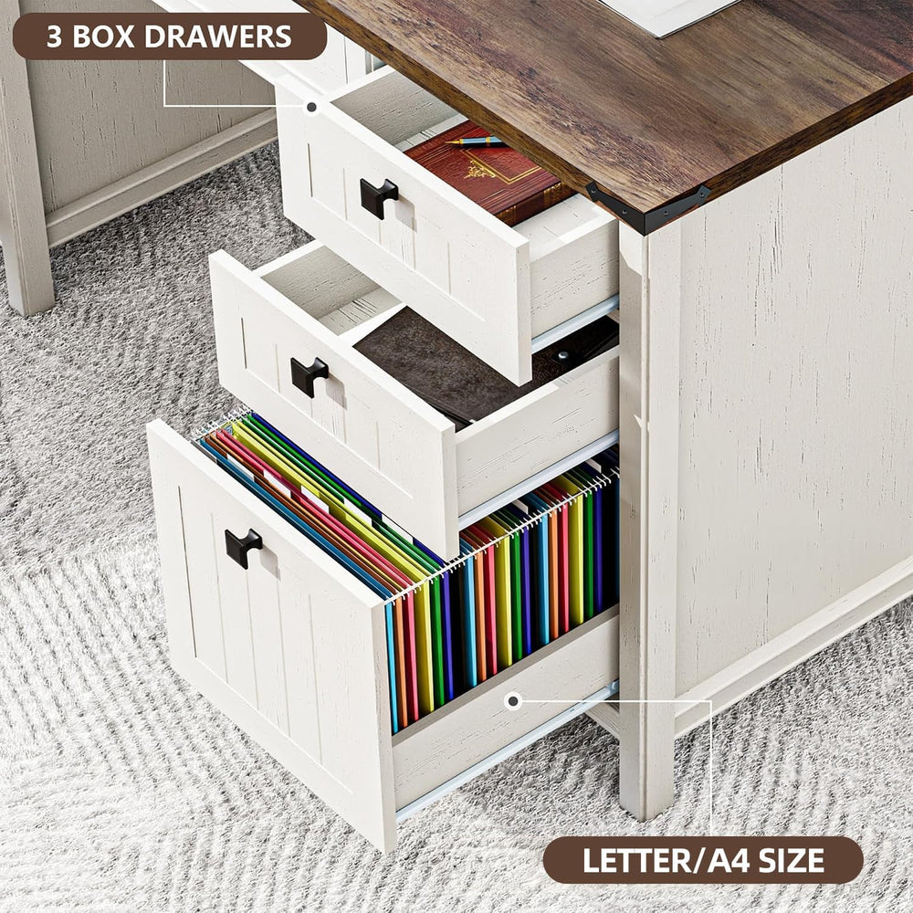 White Farmhouse Desk 45" with 4 Drawers & Charging Station