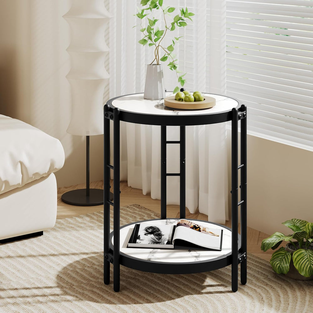 Alunaune Industrial End Table, 2-Tier Round Side Table, Small Modern Storage ...