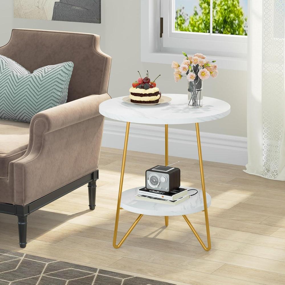 Tribesigns 2 Tier Round Side Table, Faux Marble End Table with Shelf, Small G...
