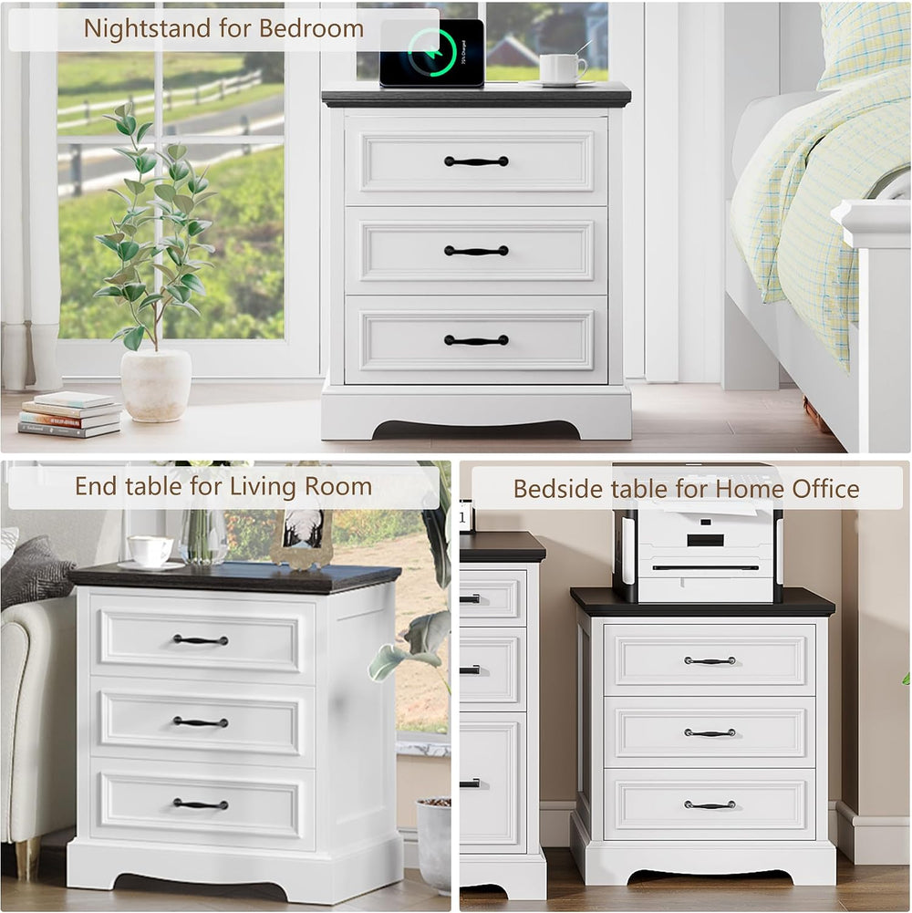 21.7W Farmhouse Nightstand Set of 2 with Charging Station,White End Table wit...