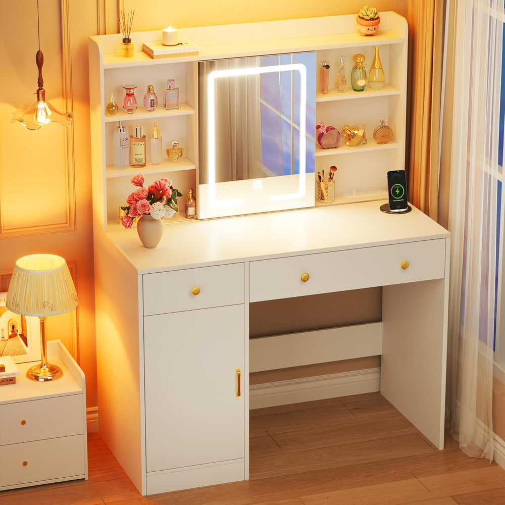 HUAHUU 37.4" Vanity Desk with Mirror and Lights, Makeup Vanity with LED ...