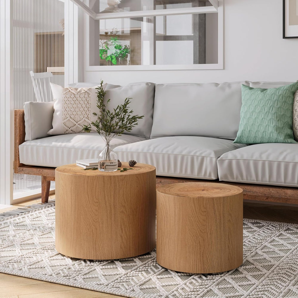 Nesting Coffee Table Set of 2, Modern Round Coffee Table, Wooden Circle Accen...