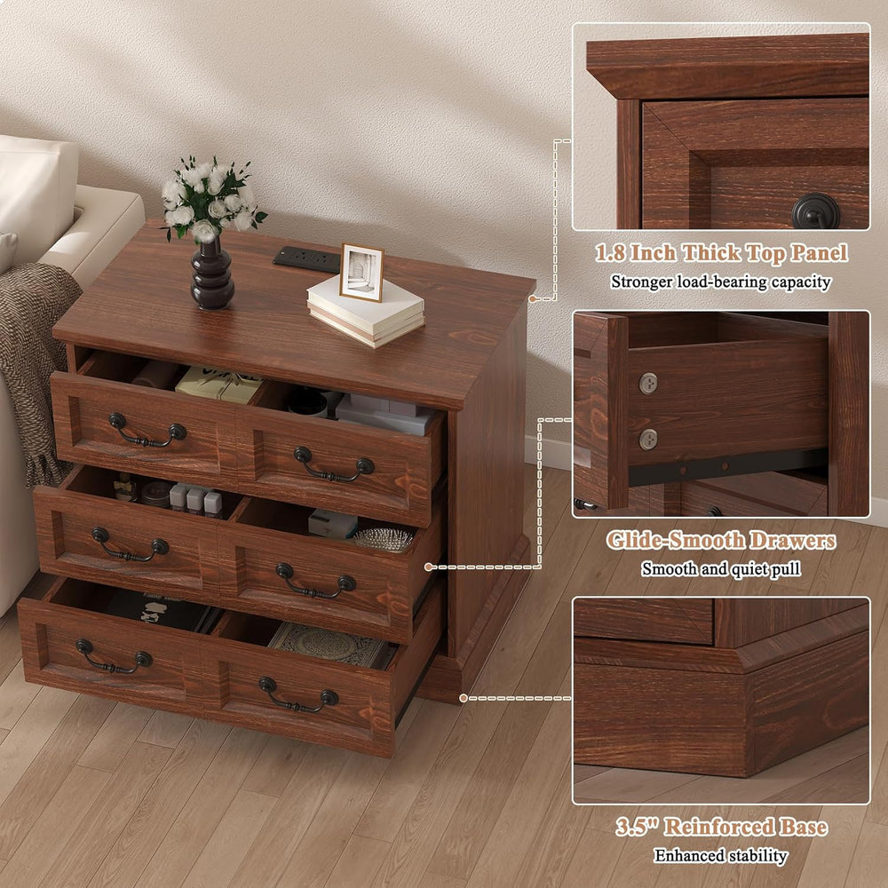 VVFLU 27.6" Wide Farmhouse Nightstand with Charging Station, 3 Drawer Ni...